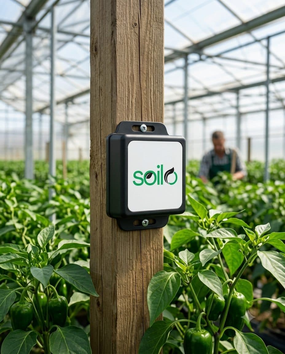 Soilo Climate temperature and humidity monitor mounted on a post in a pepper greenhouse