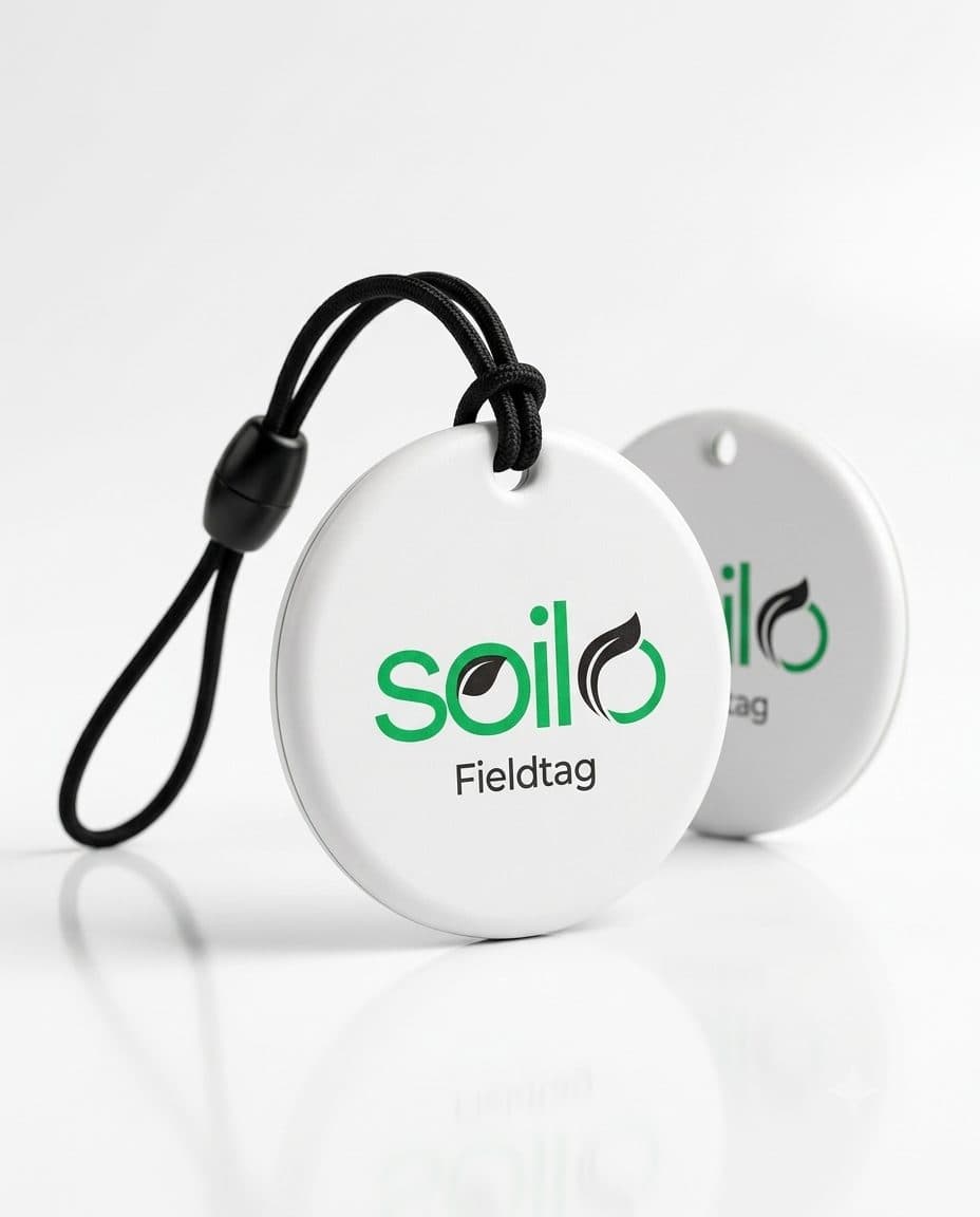 Soilo FieldTag round NFC tag on a black cord