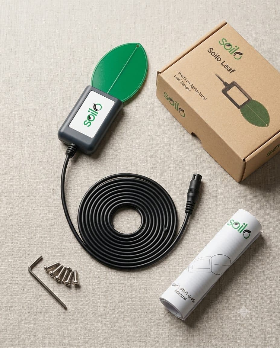 Soilo Leaf kit with sensor, cable, mounting screws and quick-start guide