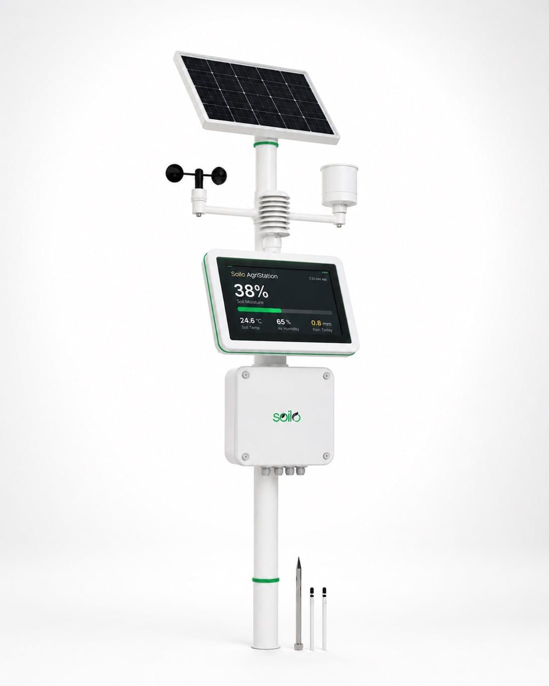 Soilo Presence solar-powered field station with display, weather sensors and soil probes