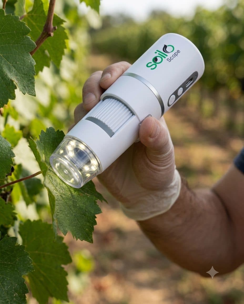 Soilo Scope digital microscope held against a vine leaf in the field