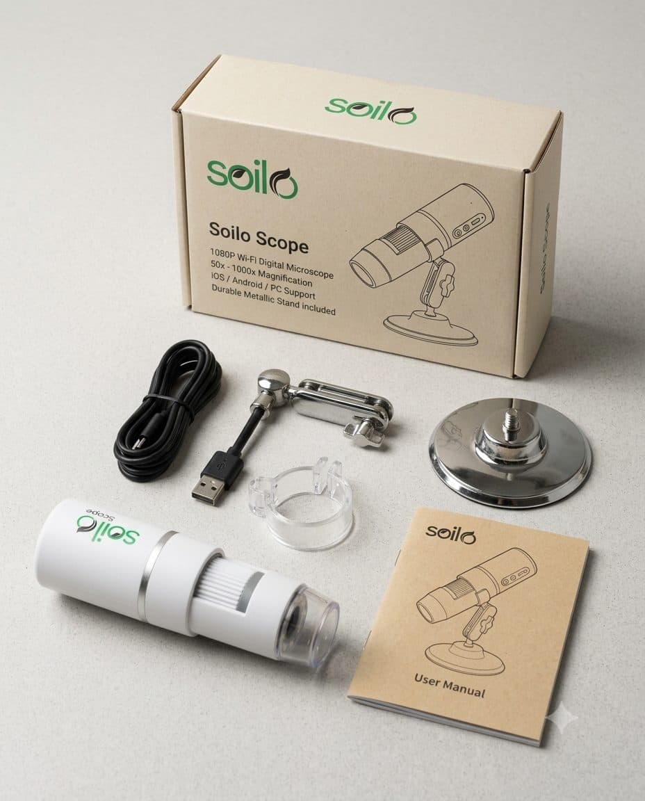 Soilo Scope retail box with microscope, stand, cable and user manual