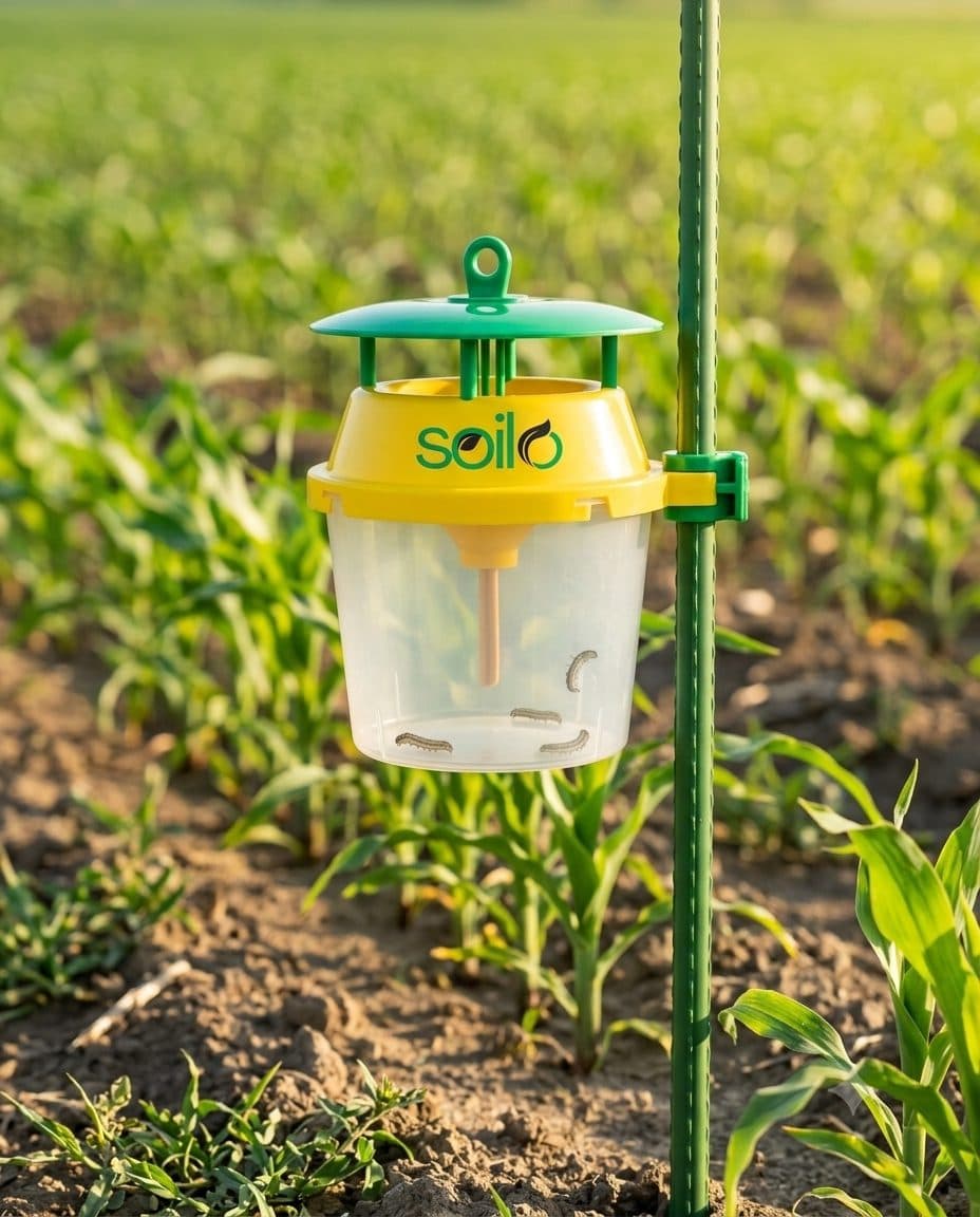 Soilo Trap pheromone trap mounted on a stake in a young maize field