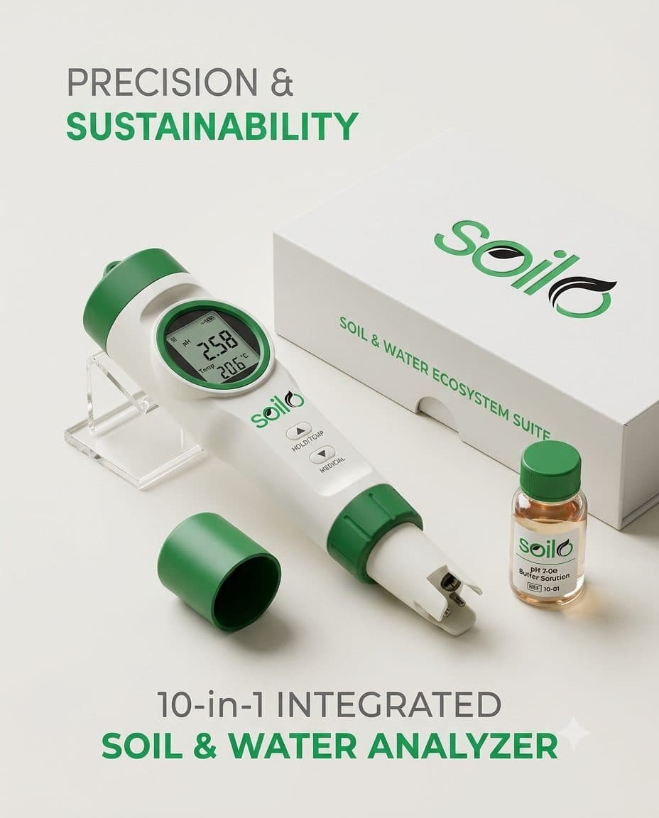 Soilo Water meter with box and pH buffer solution