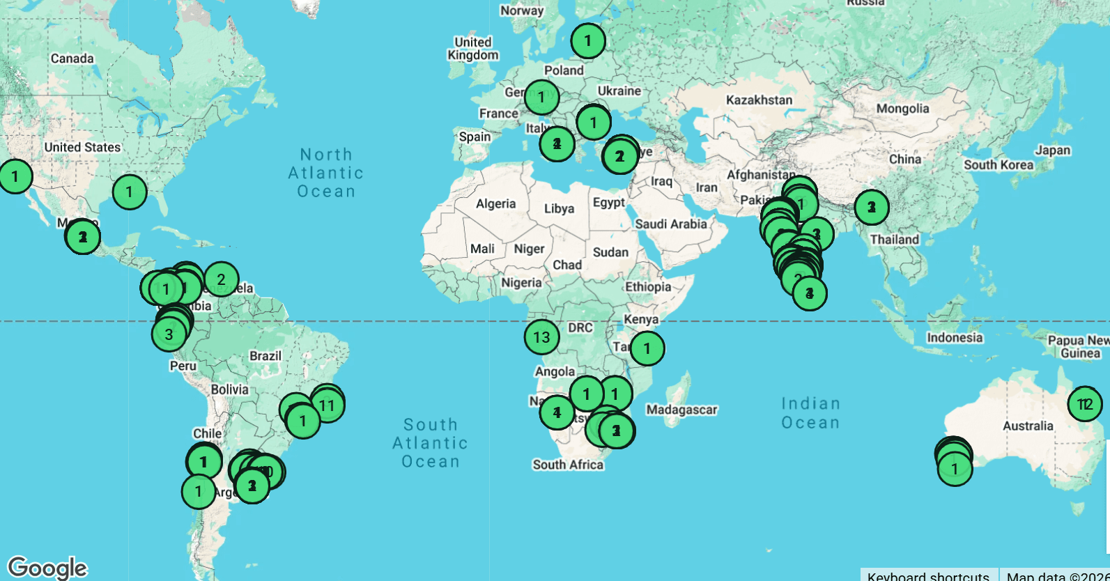 Soilo device deployment map with numbered green markers across the Americas, Europe, Africa, Asia and Australia.