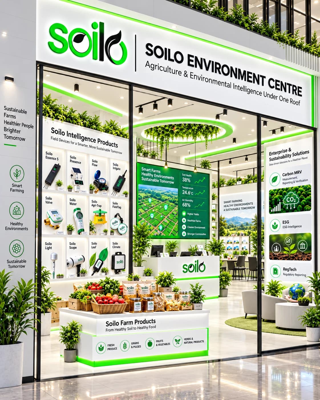 Soilo Environment Centre showroom concept with technology displays, customer service counter and Soilo Farm retail