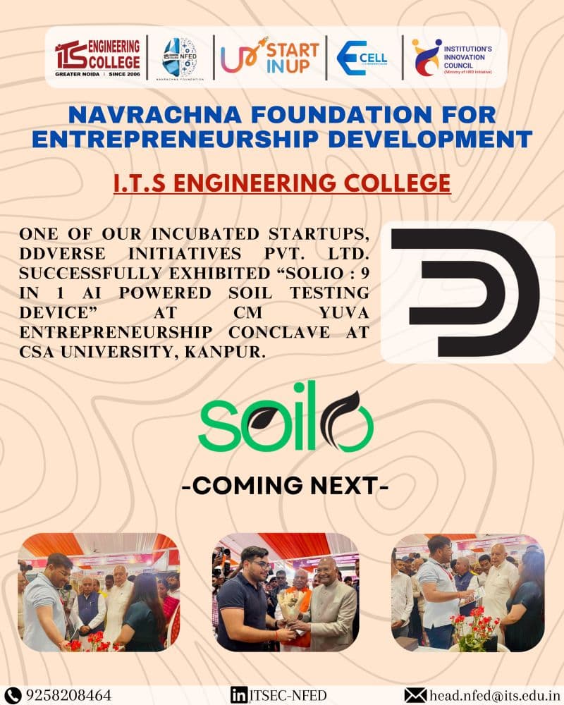 Navrachna Foundation and ITS Engineering College poster recognising DDverse Initiatives and Soilo’s CM Yuva conclave exhibition