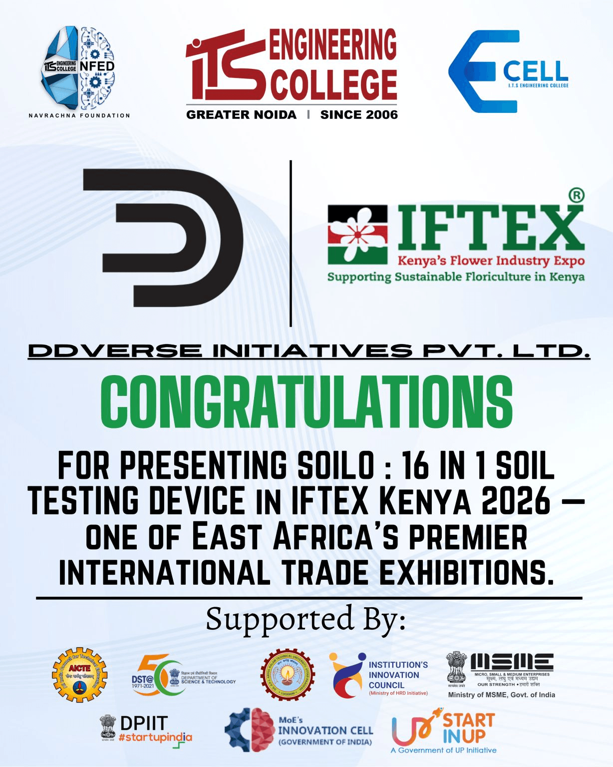 ITS Engineering College congratulatory poster for DDverse Initiatives presenting Soilo at IFTEX Kenya 2026