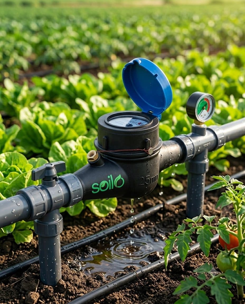 Soilo Flow water meter installed on a drip irrigation line in a vegetable field
