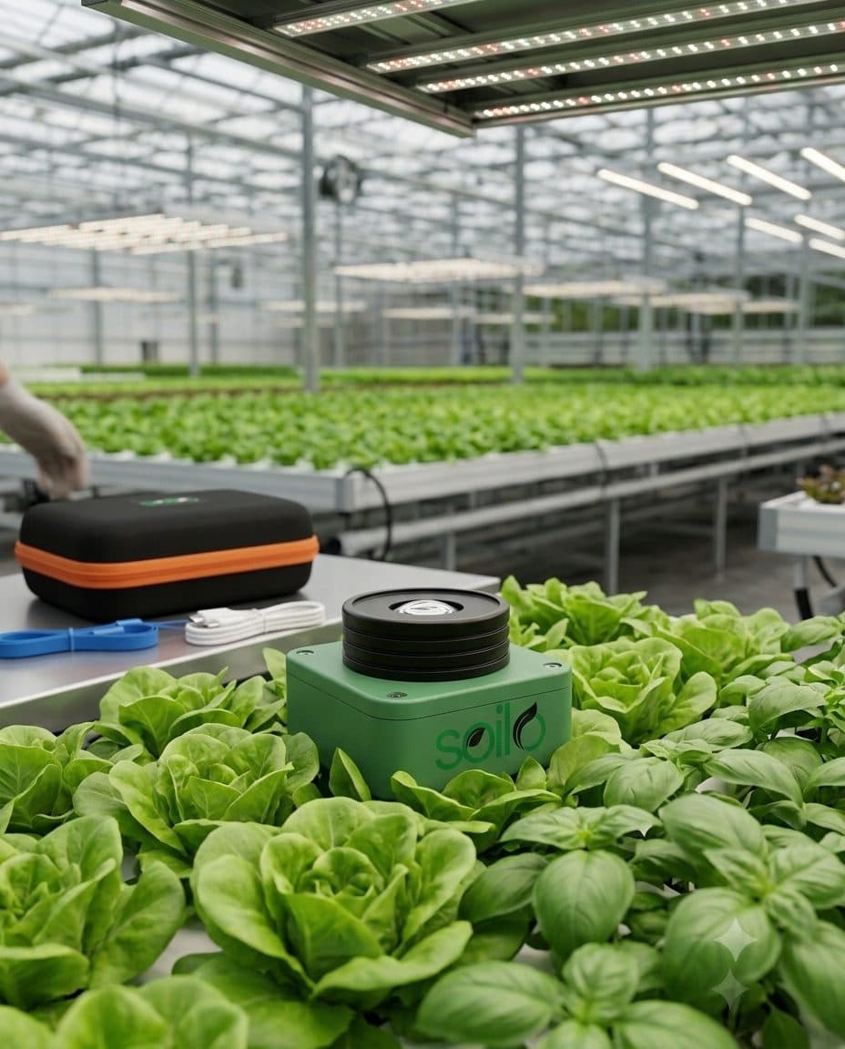 Soilo Light PAR meter beside its carry case in a greenhouse growing lettuce and basil