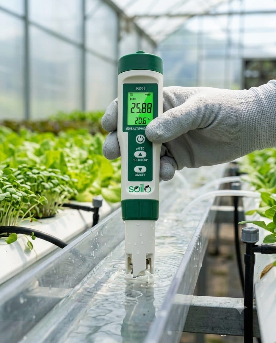 Soilo Water meter measuring a hydroponic nutrient channel in a greenhouse