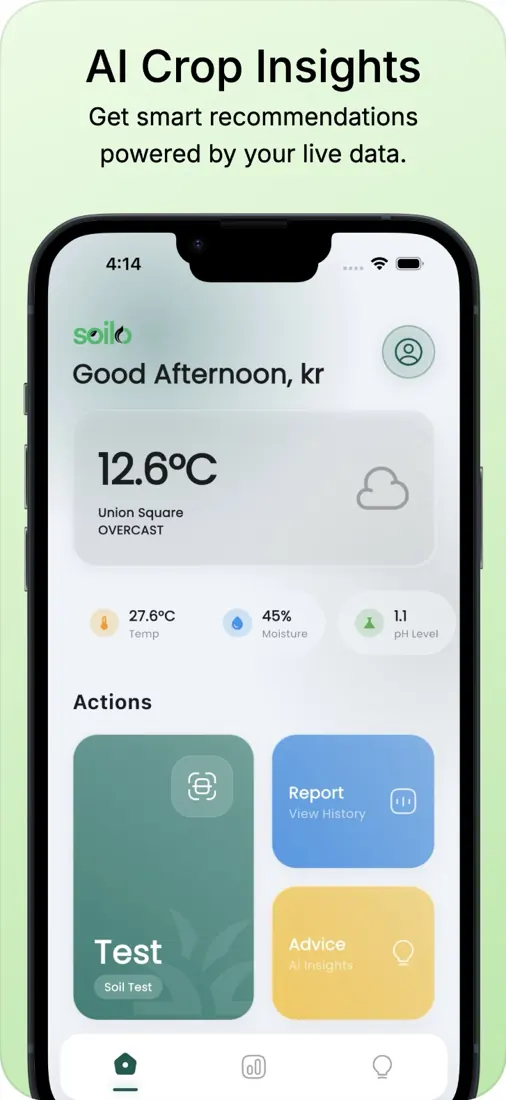 Soilo app home screen with AI crop insights