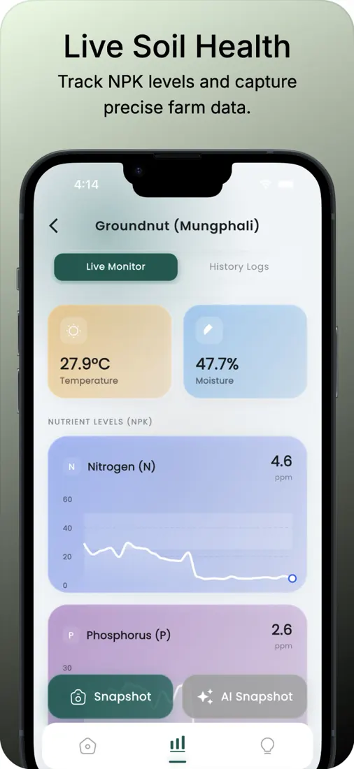 Soilo app showing live soil health and NPK levels