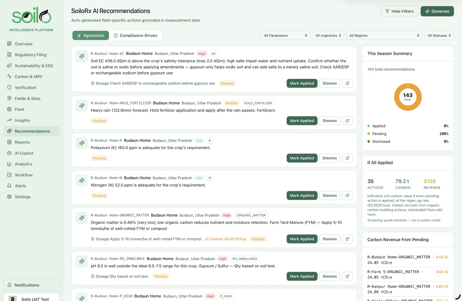 SoiloRx AI recommendations dashboard